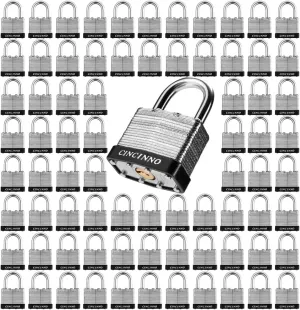 Padlock with Key，CINCINNO 1-9/16" Wide Laminated Steel Locks with Keys, Multiple Padlocks with Same Key for Gates, Fences, Sheds, Garages，72 Pack