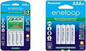 Panasonic 3-Hour Quick Battery Charger w/ 4 NiMH AAA Eneloop Rechargeable Batteries K-KJ55M3A4BA & Enloop 8 NiMH AAA Batteries BK-4MCCA8BA 1.2V