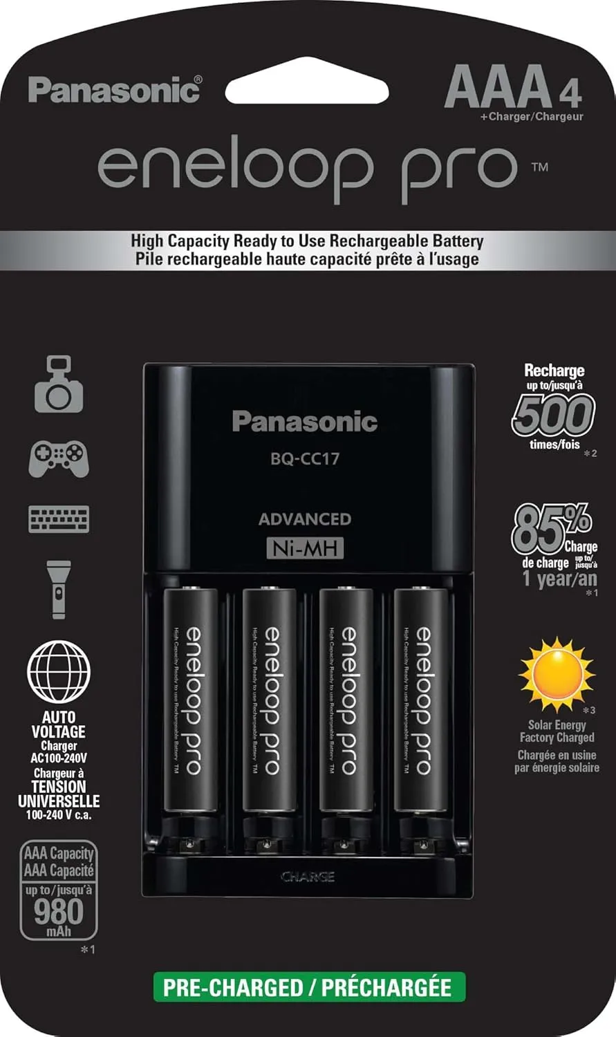Panasonic K-KJ17K3A4BA Advanced Battery Charger Pack with 4 AAA eneloop pro High Capacity Ni-MH Rechargeable Batteries