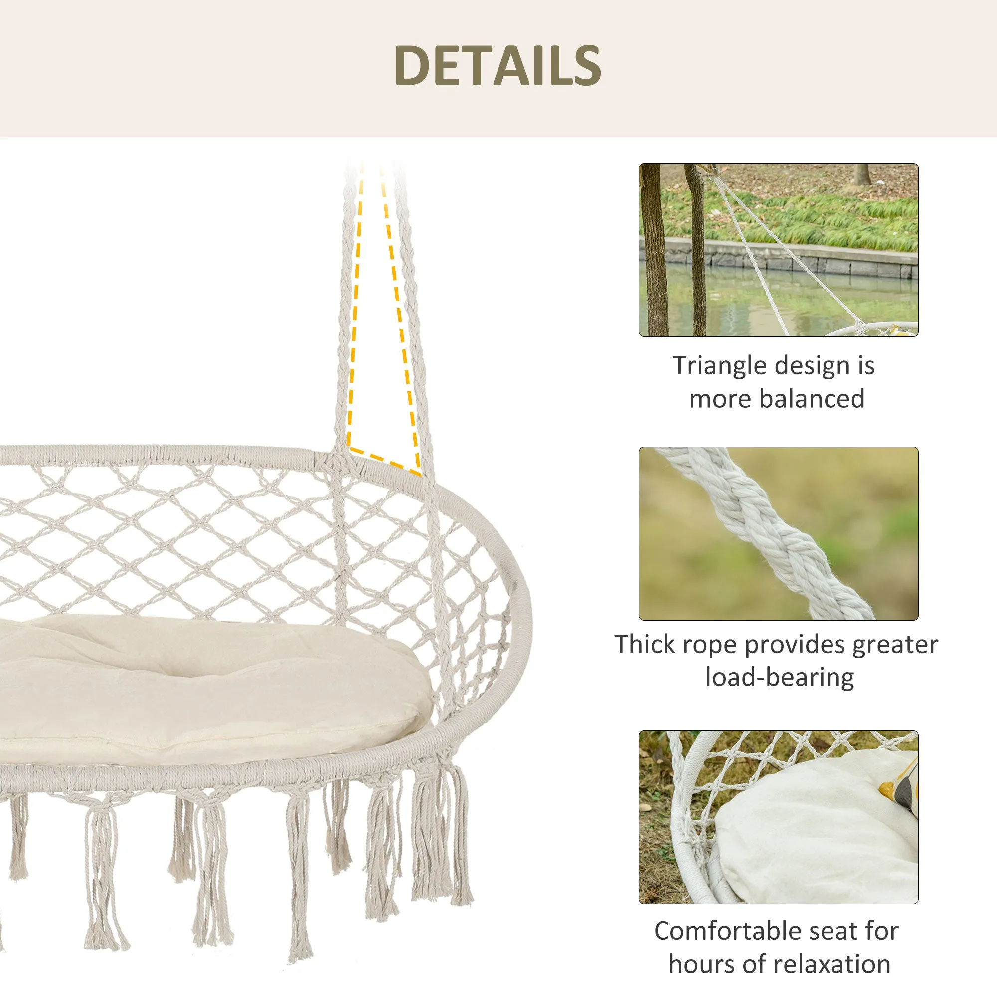 Patio Hammock Chair 2 Seat, Hanging Rope Hammock Swing Chair with Metal Frame and Cushion, Large Macrame Seat for Indoor and Outdoor 396 lbs Capacity, Cream White