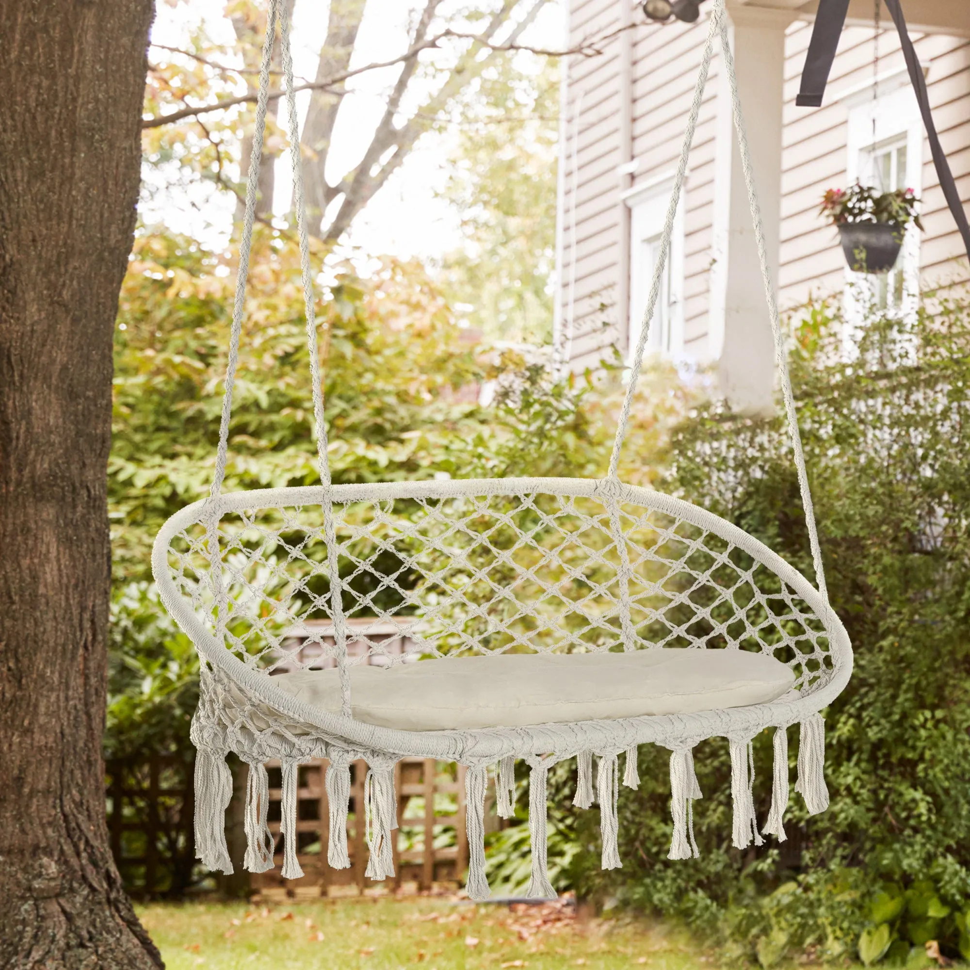 Patio Hammock Chair 2 Seat, Hanging Rope Hammock Swing Chair with Metal Frame and Cushion, Large Macrame Seat for Indoor and Outdoor 396 lbs Capacity, Cream White