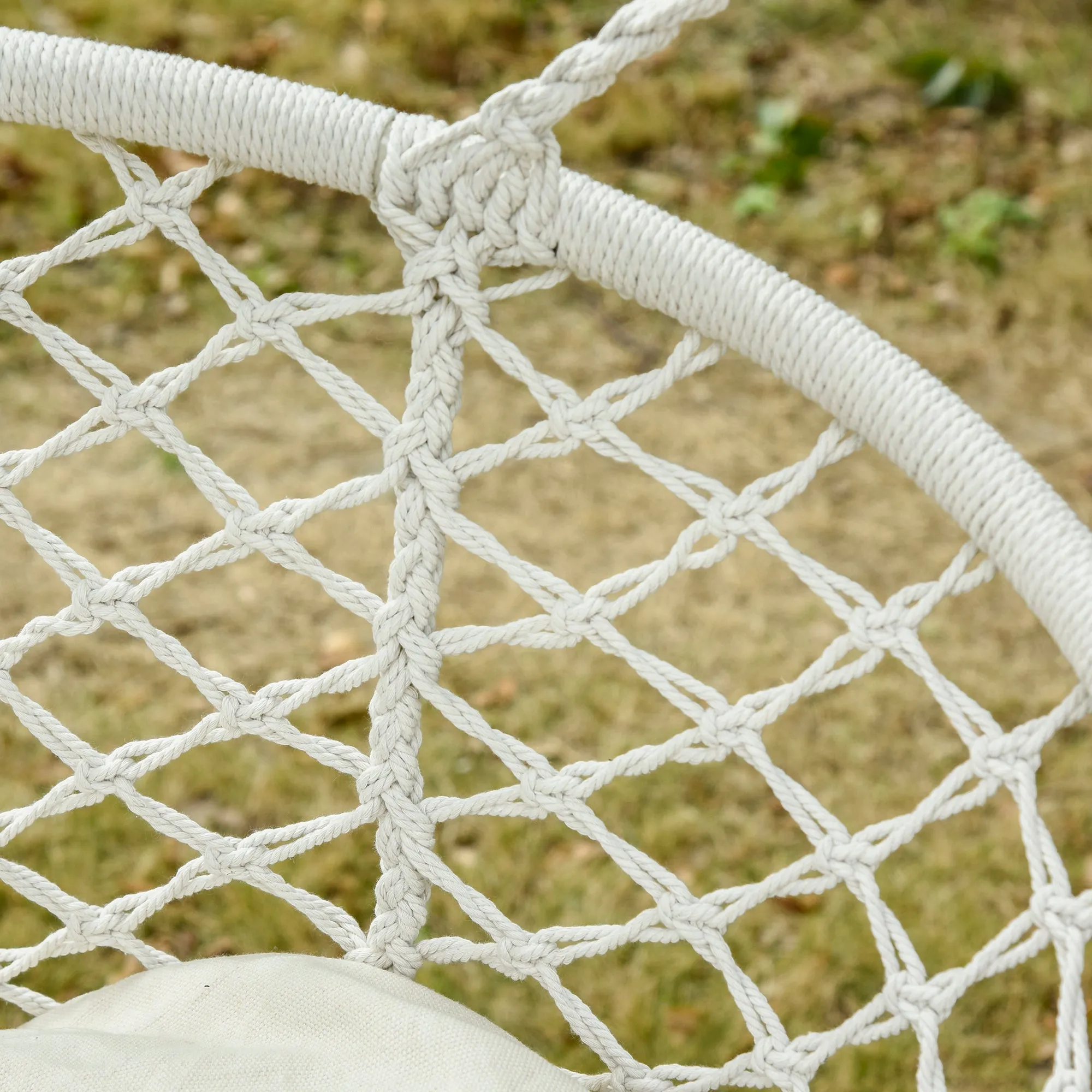 Patio Hammock Chair 2 Seat, Hanging Rope Hammock Swing Chair with Metal Frame and Cushion, Large Macrame Seat for Indoor and Outdoor 396 lbs Capacity, Cream White
