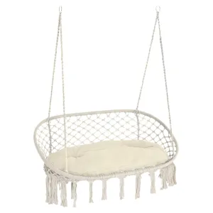 Patio Hammock Chair 2 Seat, Hanging Rope Hammock Swing Chair with Metal Frame and Cushion, Large Macrame Seat for Indoor and Outdoor 396 lbs Capacity, Cream White