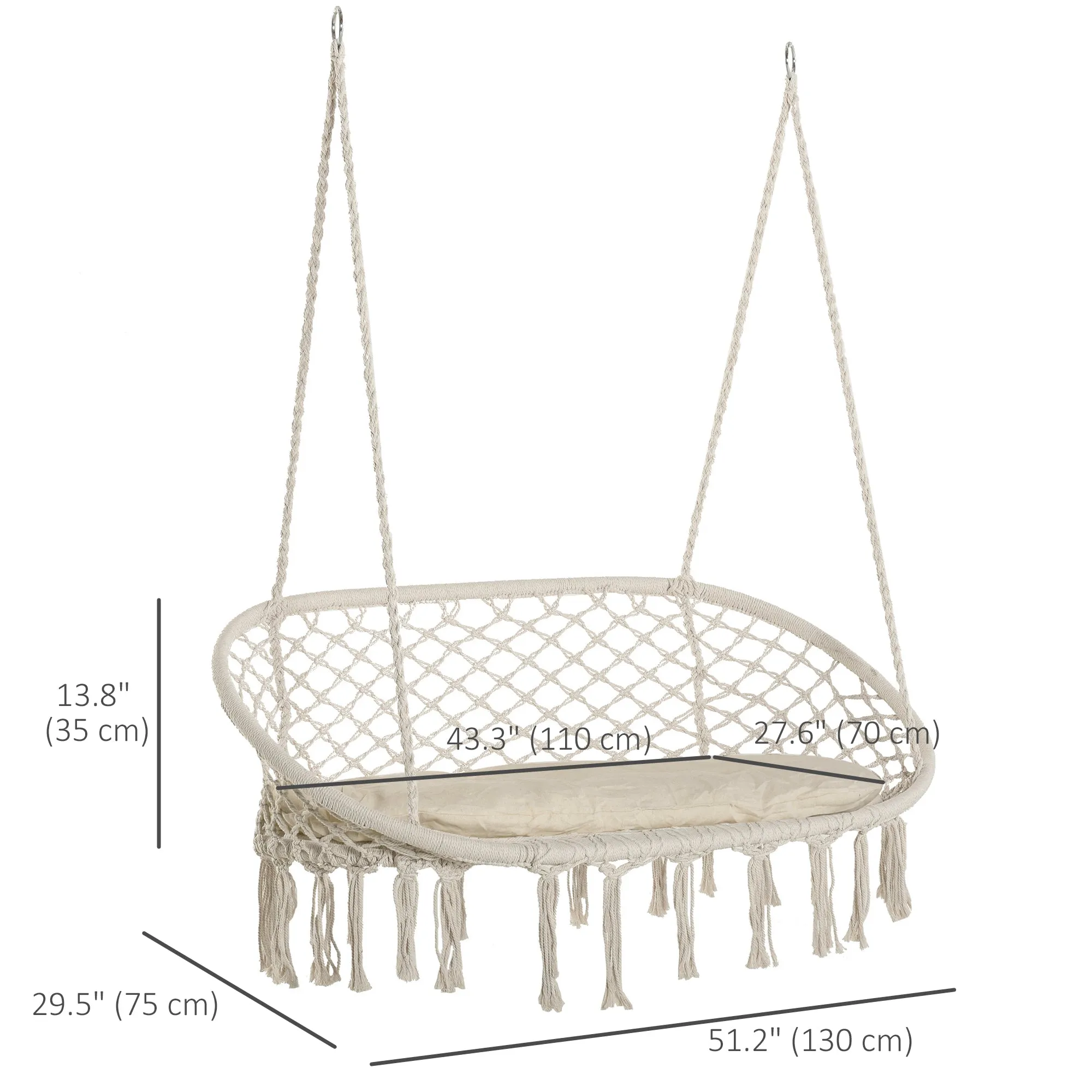 Patio Hammock Chair 2 Seat, Hanging Rope Hammock Swing Chair with Metal Frame and Cushion, Large Macrame Seat for Indoor and Outdoor 396 lbs Capacity, Cream White