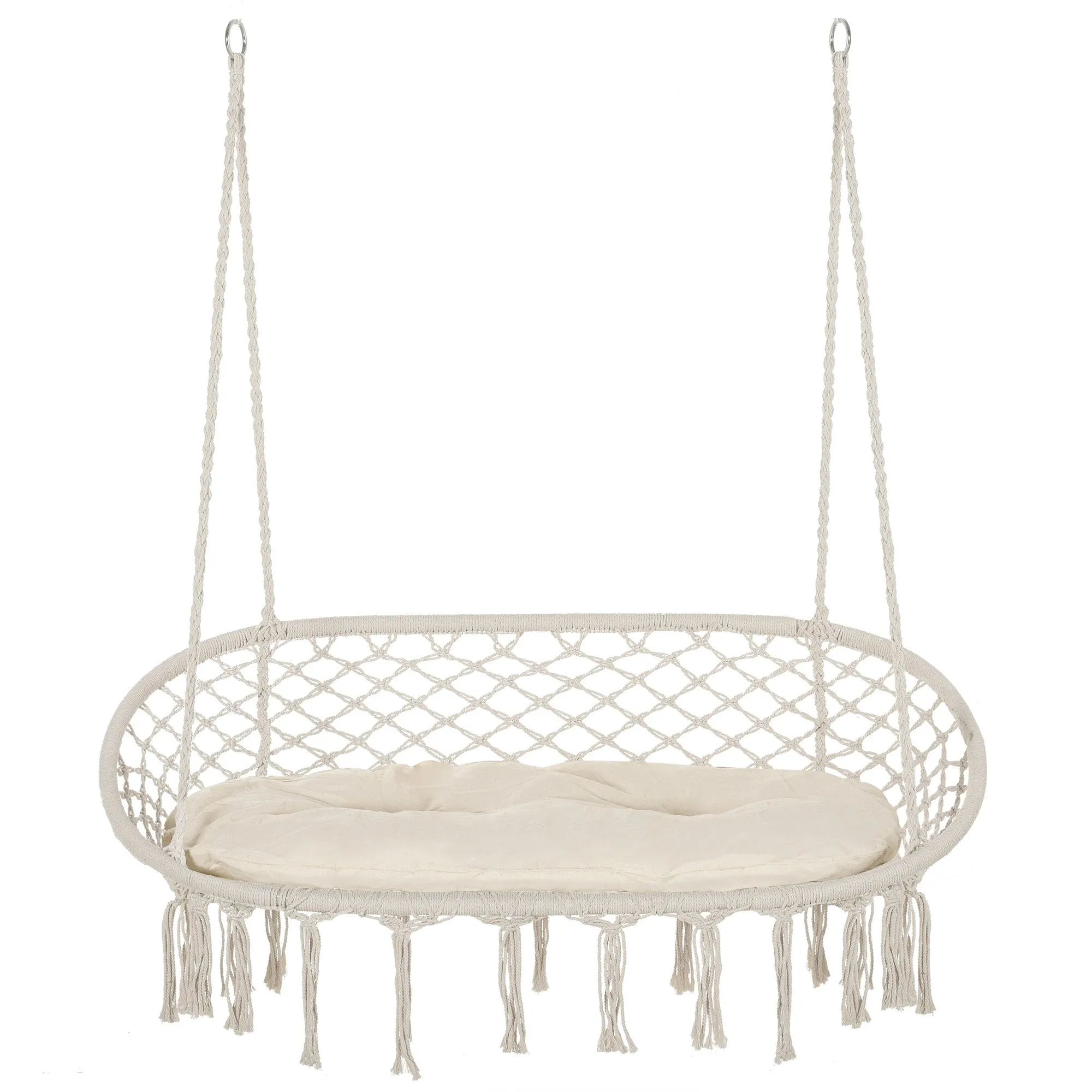 Patio Hammock Chair 2 Seat, Hanging Rope Hammock Swing Chair with Metal Frame and Cushion, Large Macrame Seat for Indoor and Outdoor 396 lbs Capacity, Cream White
