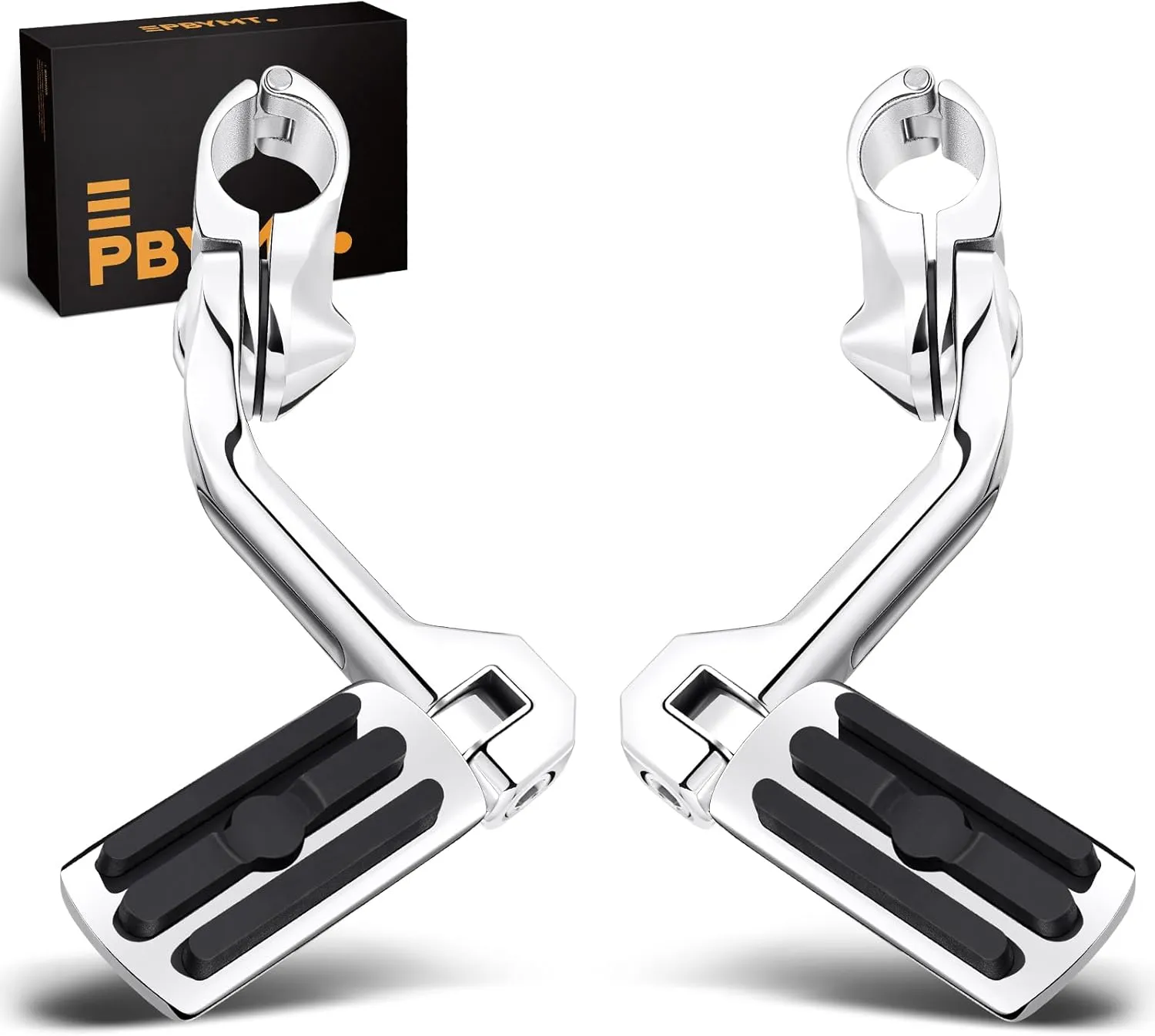 PBYMT Highway Pegs Long Angled 304 Stainless Steel, Highway Footpegs Footrest Fit For 1.25''(32mm) Crash Bars Compatible with Harley Davidson Touring Road Glide Road King Street Glide Chrome