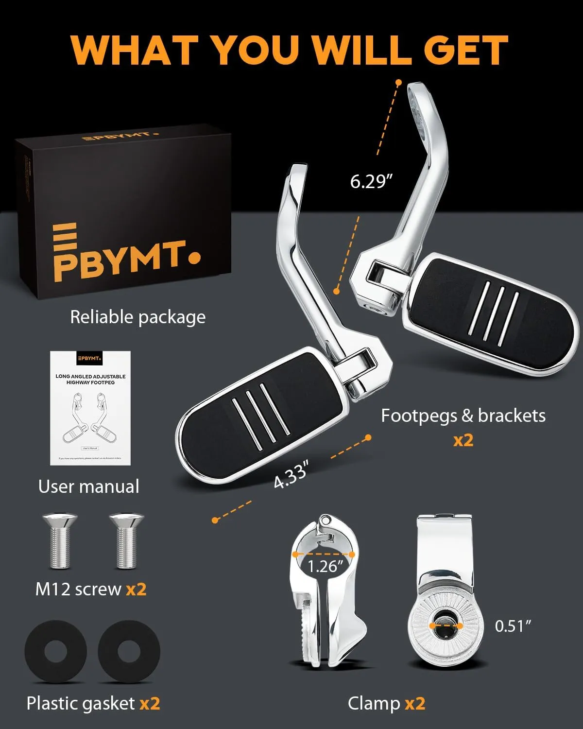 PBYMT Highway Pegs Long Angled 304 Stainless Steel, Highway Footpegs Footrest Fit For 1''&1.25''(25/32mm) Crash Bars Compatible with Harley Davidson Touring Chorme