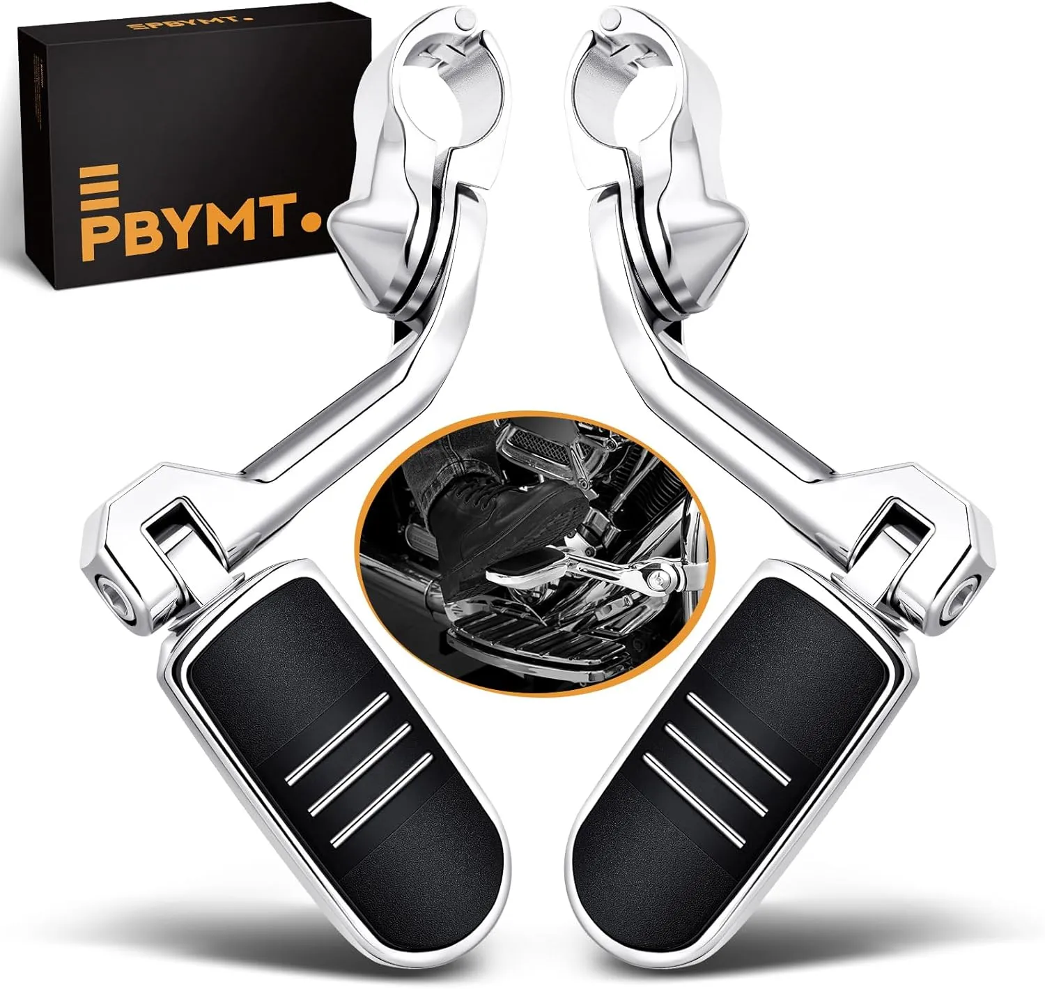 PBYMT Highway Pegs Long Angled 304 Stainless Steel, Highway Footpegs Footrest Fit For 1''&1.25''(25/32mm) Crash Bars Compatible with Harley Davidson Touring Chorme