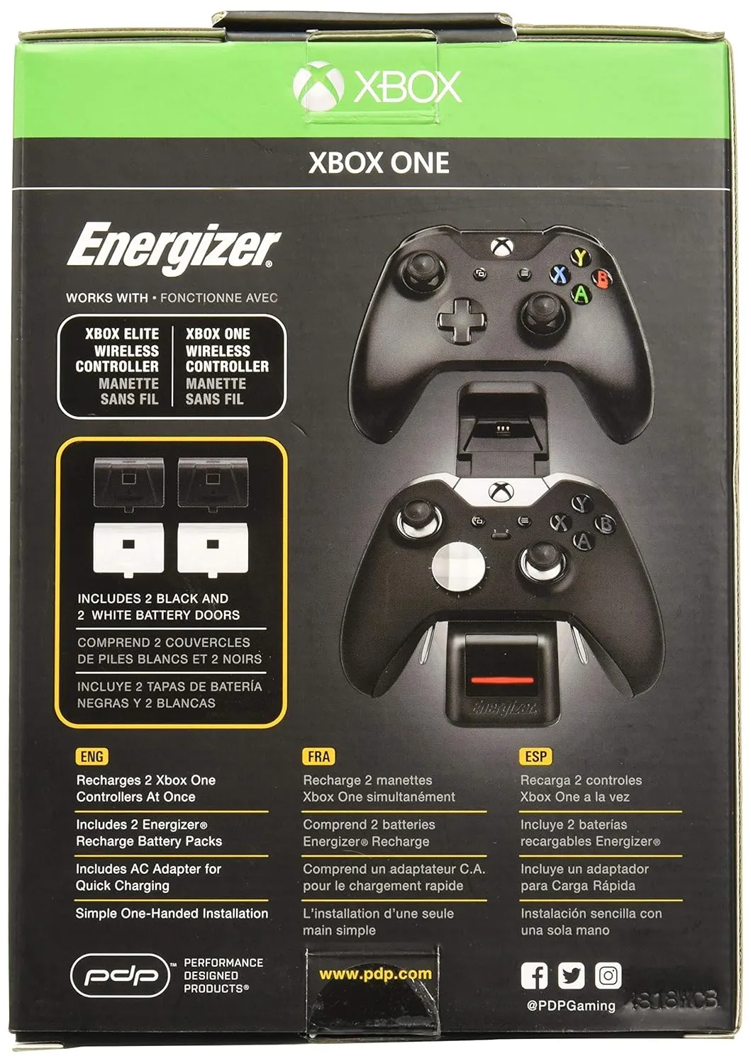 PDP Gaming Energizer Dual Controller Charging System, Two Rechargeable Battery Packs: Black - Xbox One