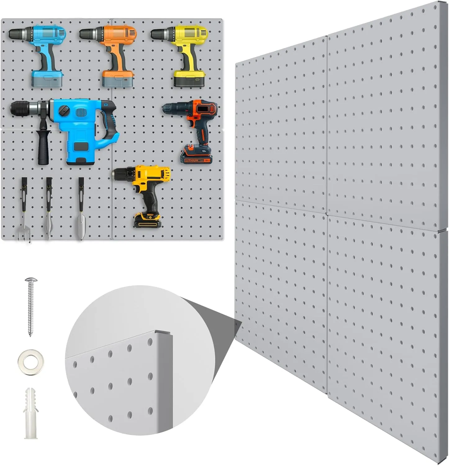 Peg Board, 4 Pack Metal Pegboard Panels Grey Pegboards Wall Organizer with Bent Frame Large Heavy Duty Peg Board for Walls Home, Garage Tool Storage, Office Organization, Craft Room, Kitchen