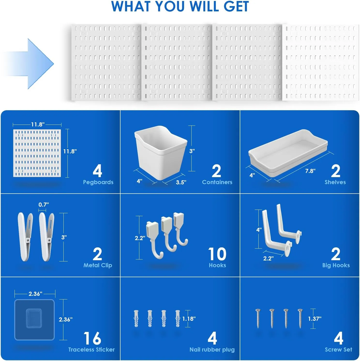 Peg Board, Pegboard Kit Wall Organizer Panels, White Pegboard Wall Organizer with Bins Hooks Shelves for Home, Craft Room, Garage Tool Storage, Kitchen, Workshop, Tool Organization