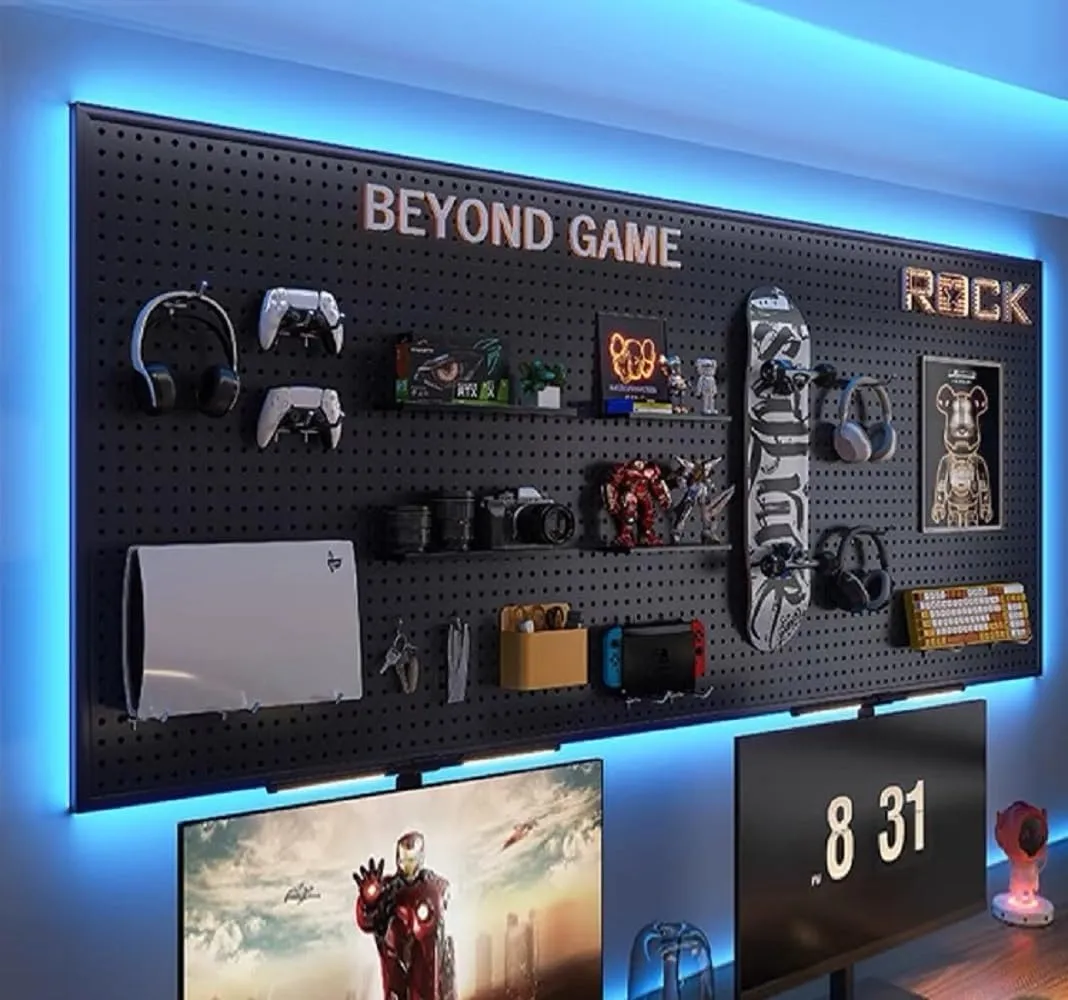 Peg Board with RGB IC LED Strip Lights,2PCS Metal Pegboard Panels,Heavy Duty Pegboard Gaming Room Wall Organizer with Hooks,DIY RGB Gaming Setup Organizer Peg Board Wall Mounted 12 * 24”