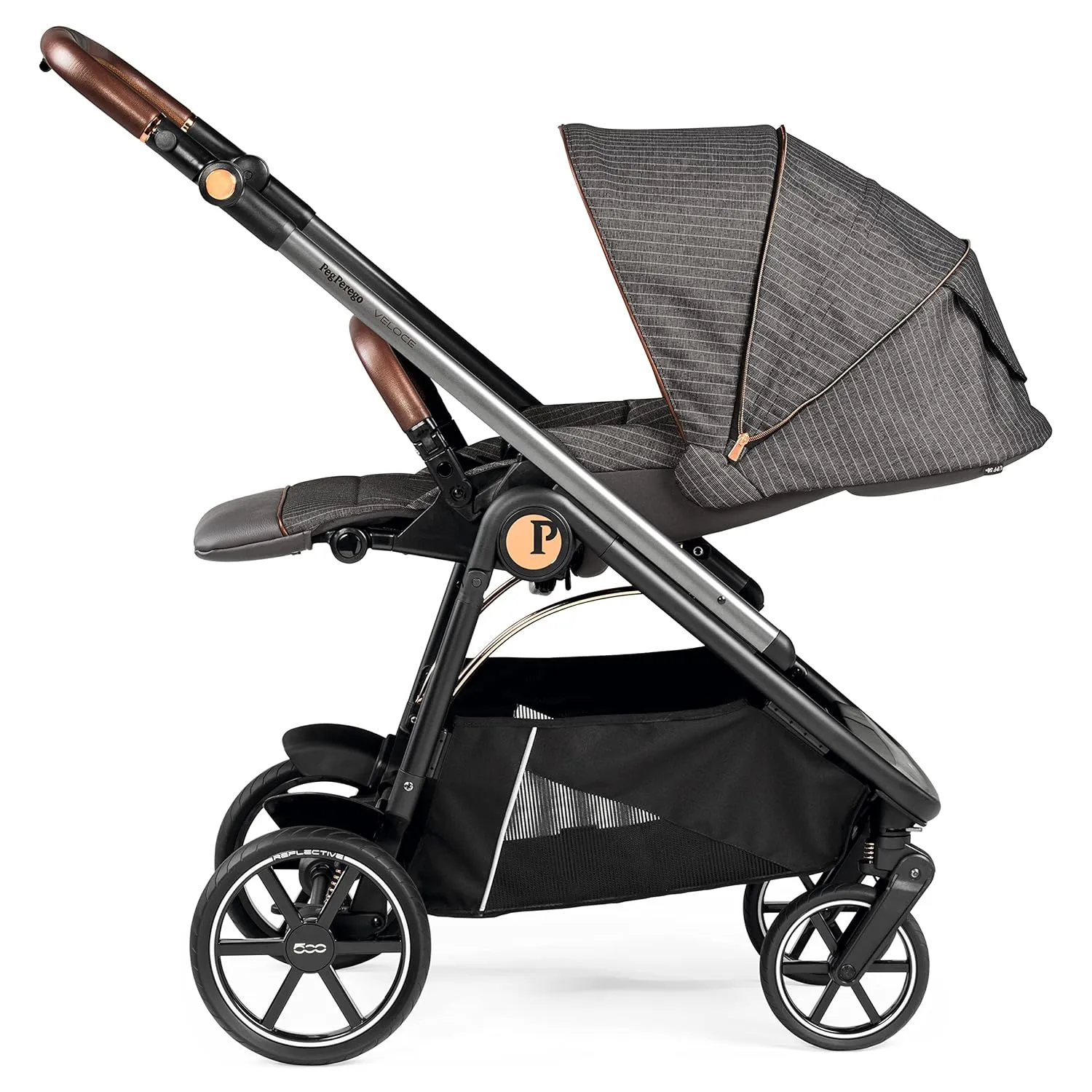 Peg Perego Veloce - Compact Full Featured Lightweight Stroller - Compatible with All Primo Viaggio 4-35 Infant Car Seats - Made in Italy - Fiat 500 (Grey & Copper Accents)