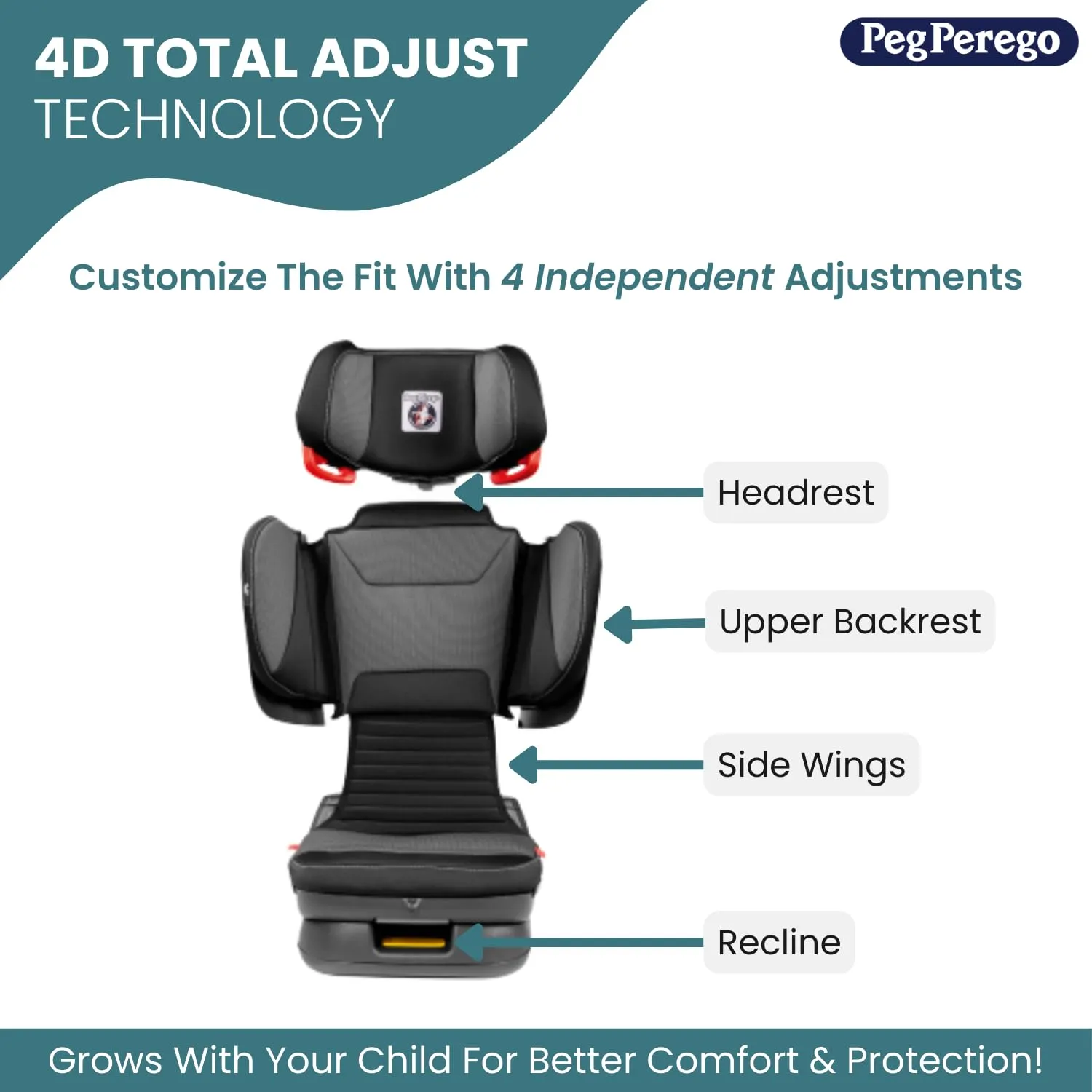 Peg Perego Viaggio Flex 120 - Booster Car Seat - for Children from 40 to 120 lbs - Made in Italy - Wonder Grey - Stain Resistant & Breathable Fabric