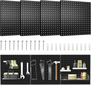 Pegboard, 4 PCS 16”×16” Large Heavy Duty Metal Pegboard Panels with Frame Black Peg Board Display Peg Boards for Walls, Display, Garage Tool Storage, Office Organization, Craft Room, Kitchen