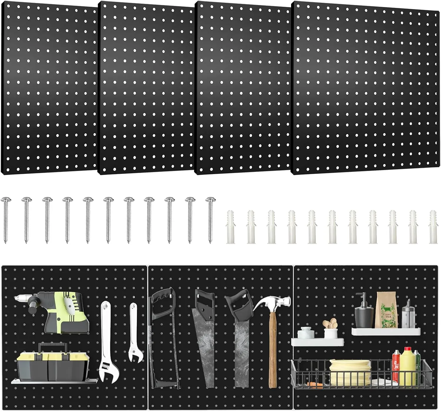 Pegboard, 4 PCS 16”×16” Large Heavy Duty Metal Pegboard Panels with Frame Black Peg Board Display Peg Boards for Walls, Display, Garage Tool Storage, Office Organization, Craft Room, Kitchen