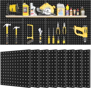 Pegboard Panels 8 Packs 12"x12" Metal Black, Heavy Duty Steel Peg Boards Wall Tool Organizer with Screw for Garage, Tool Storage, Office Organization, Craft Room, Kitchen