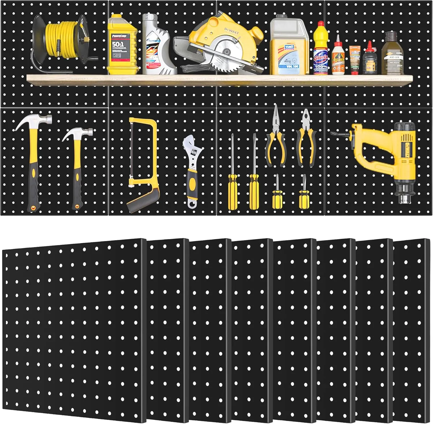 Pegboard Panels 8 Packs 12"x12" Metal Black, Heavy Duty Steel Peg Boards Wall Tool Organizer with Screw for Garage, Tool Storage, Office Organization, Craft Room, Kitchen