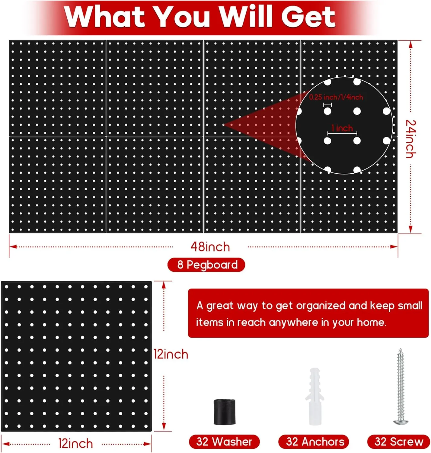 Pegboard Panels 8 Packs 12"x12" Metal Black, Heavy Duty Steel Peg Boards Wall Tool Organizer with Screw for Garage, Tool Storage, Office Organization, Craft Room, Kitchen