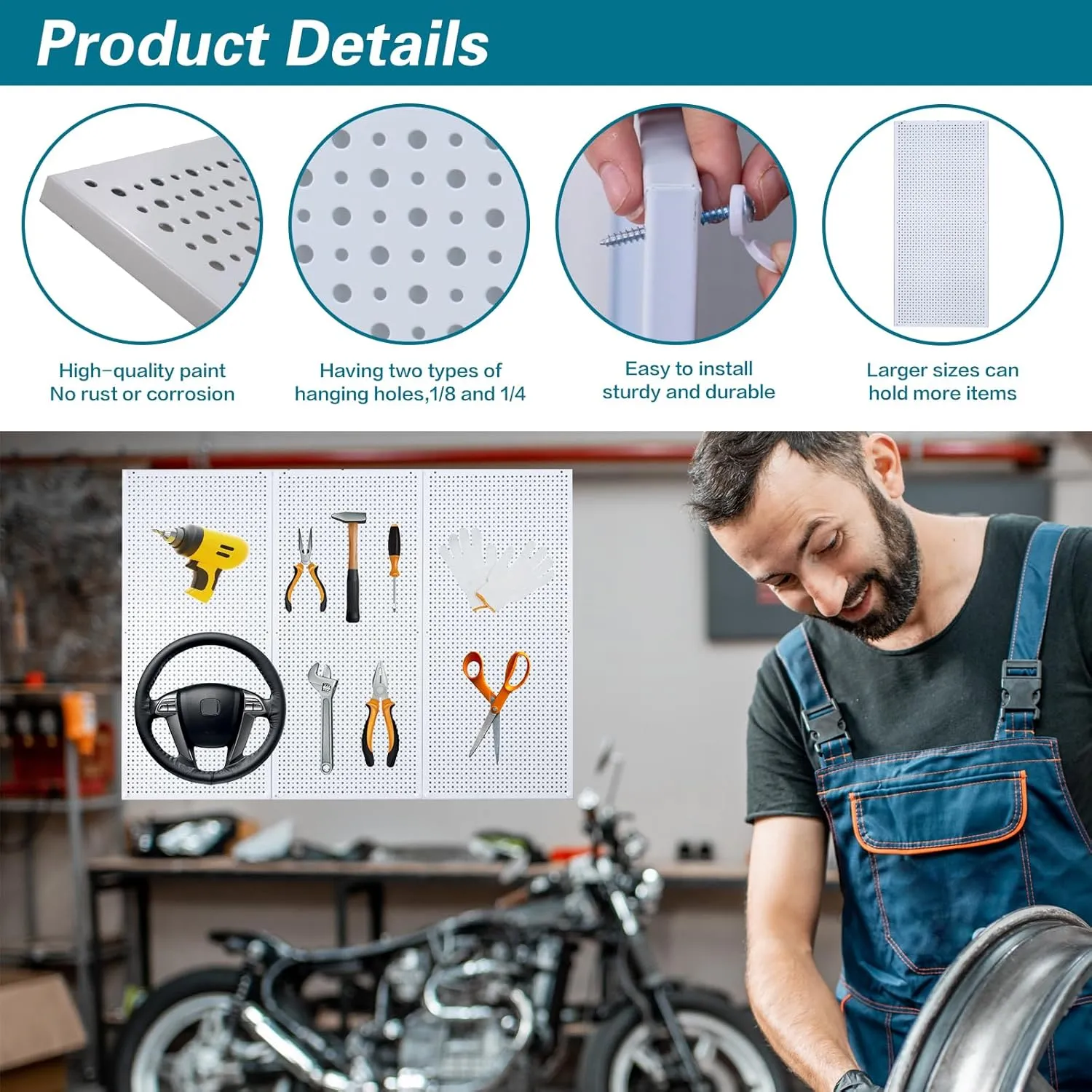 Pegboard Rack Garage Storage Steel Horizontal PegBoard Pack,Steel Pegboard Heavy Duty- 3 Pack 16-Inch X 36-Inch Metal Peg Board Tool Organization Panels (White)