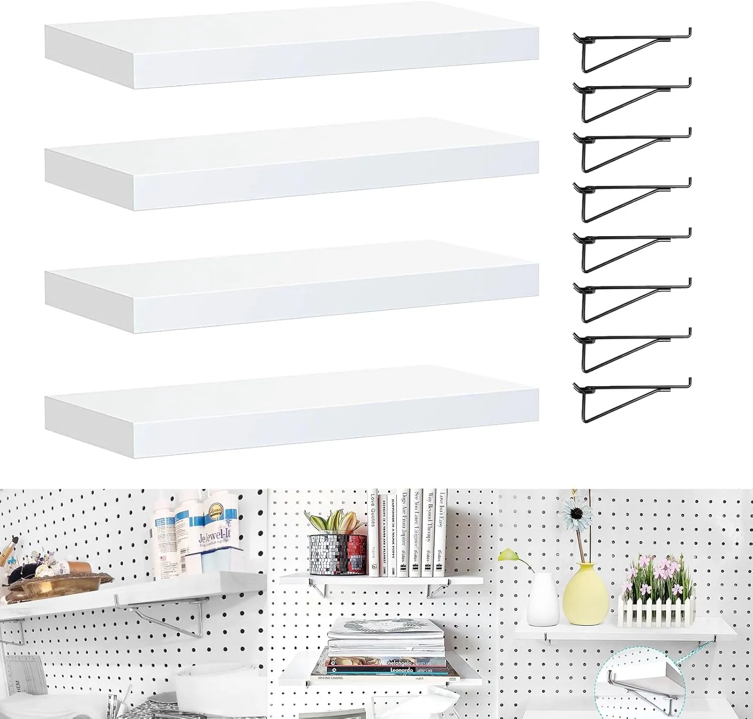 Pegboard Shelves, 4 Pack Pegboard Shelf Brackets with Metal Pegboard Hooks, Heavy Duty Peg Board Shelf Pegboard Book Shelf, Pegboard Accessories for Craft Room, Office, Garage