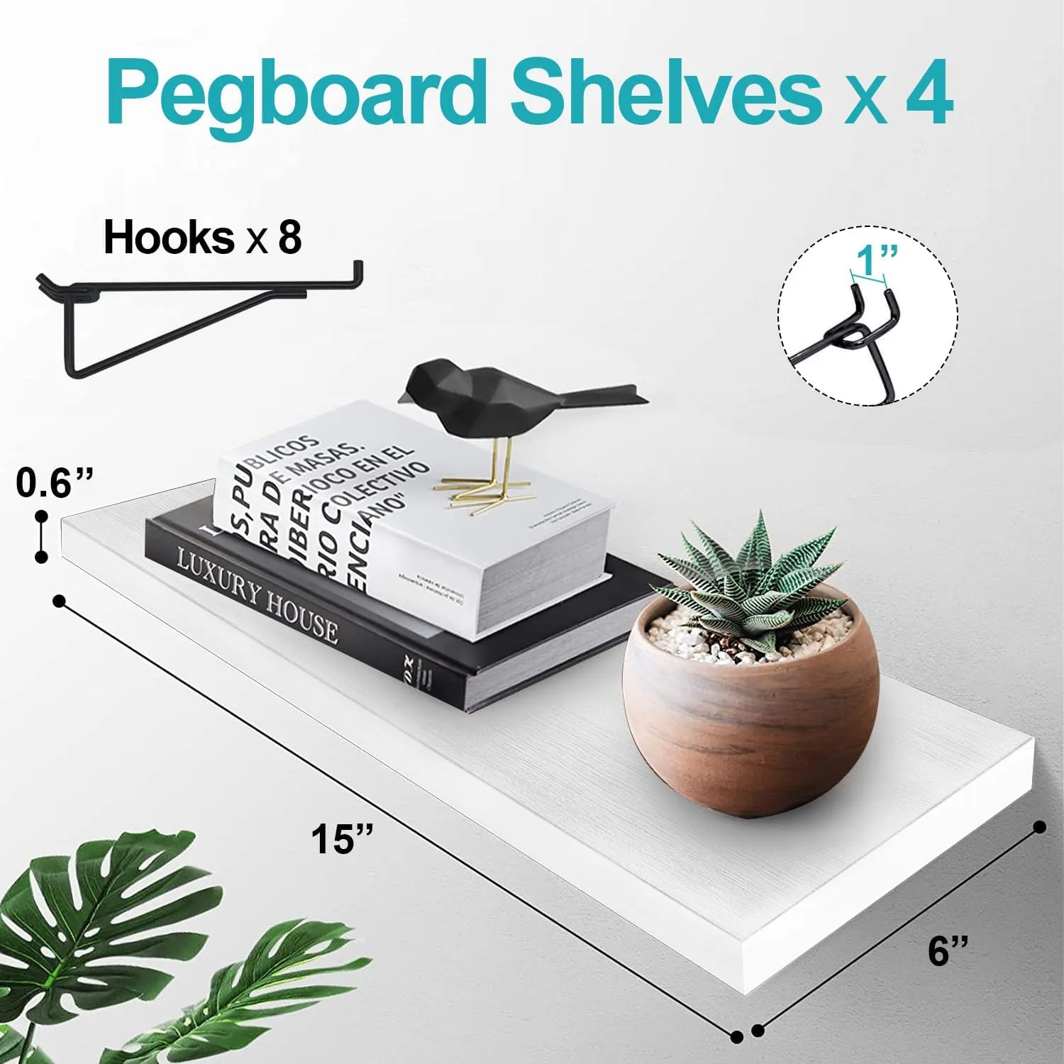 Pegboard Shelves, 4 Pack Pegboard Shelf Brackets with Metal Pegboard Hooks, Heavy Duty Peg Board Shelf Pegboard Book Shelf, Pegboard Accessories for Craft Room, Office, Garage