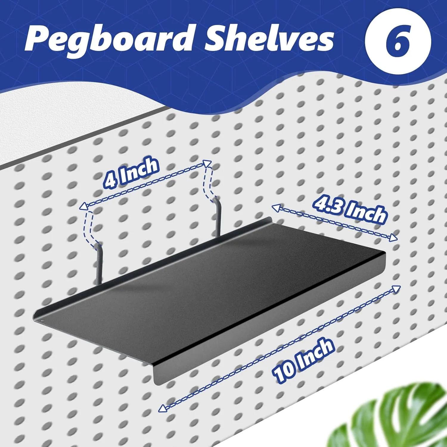 PEKGRIL 10x4.3 Inch Pegboard Shelves Set of 6, Metal Peg Board Shelves Accessories, Flat Display Shelves for Pegboard, Metal Retail Display for Storage and Organization, Black