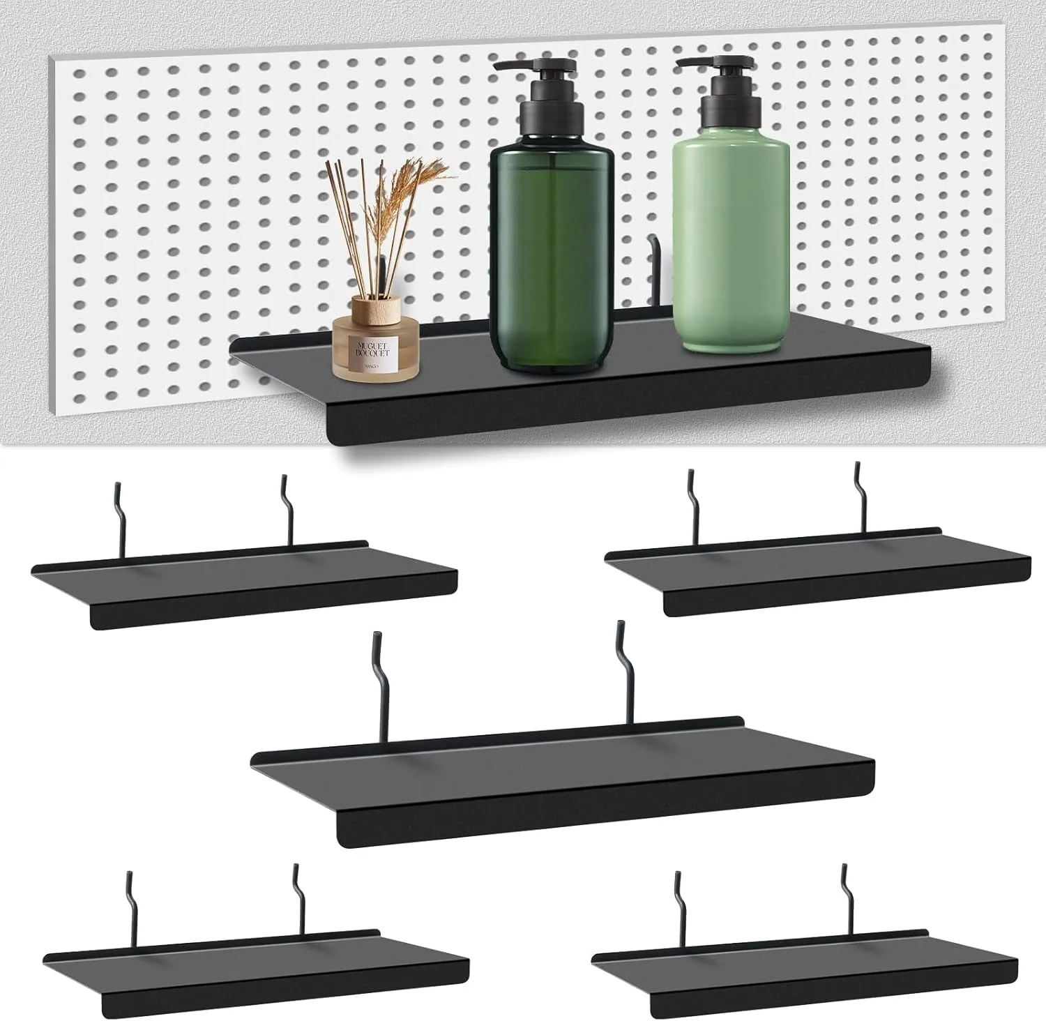 PEKGRIL 10x4.3 Inch Pegboard Shelves Set of 6, Metal Peg Board Shelves Accessories, Flat Display Shelves for Pegboard, Metal Retail Display for Storage and Organization, Black