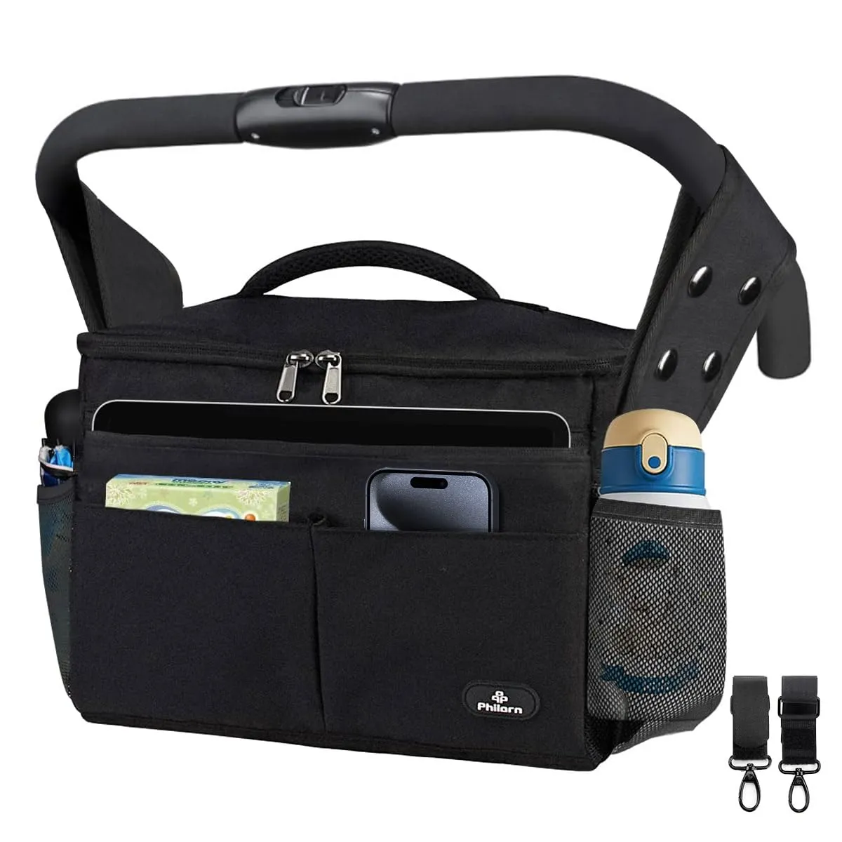 PHILORN Universal Stroller Organizer with Cup Holders - Stroller Caddy with Large Storage Capacity Fits for Stroller Like Uppababy, Baby Jogger, Britax, BOB, Umbrella, Evenflo, Doona,and Pet Stroller