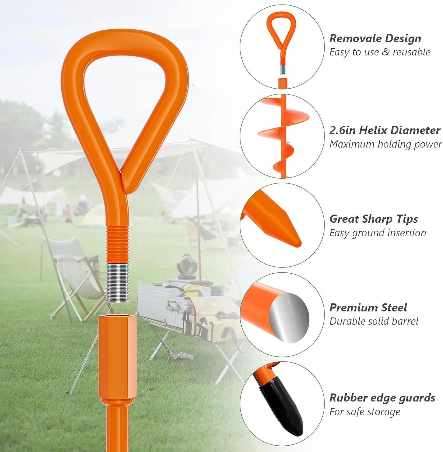 Phopich 18" Long Ground Anchor, Heavy Duty Earth Anchors 18 inch Ground Anchors Screw in Kit with T-Handle Hex Wrench for Camping Tent, Swing Sets, Securing Animals, Sheds, Trampoline(4 Pcs) (Orange)