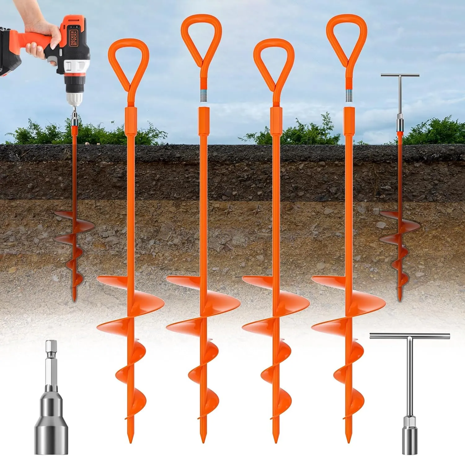 Phopich 18" Long Ground Anchor, Heavy Duty Earth Anchors 18 inch Ground Anchors Screw in Kit with T-Handle Hex Wrench for Camping Tent, Swing Sets, Securing Animals, Sheds, Trampoline(4 Pcs) (Orange)