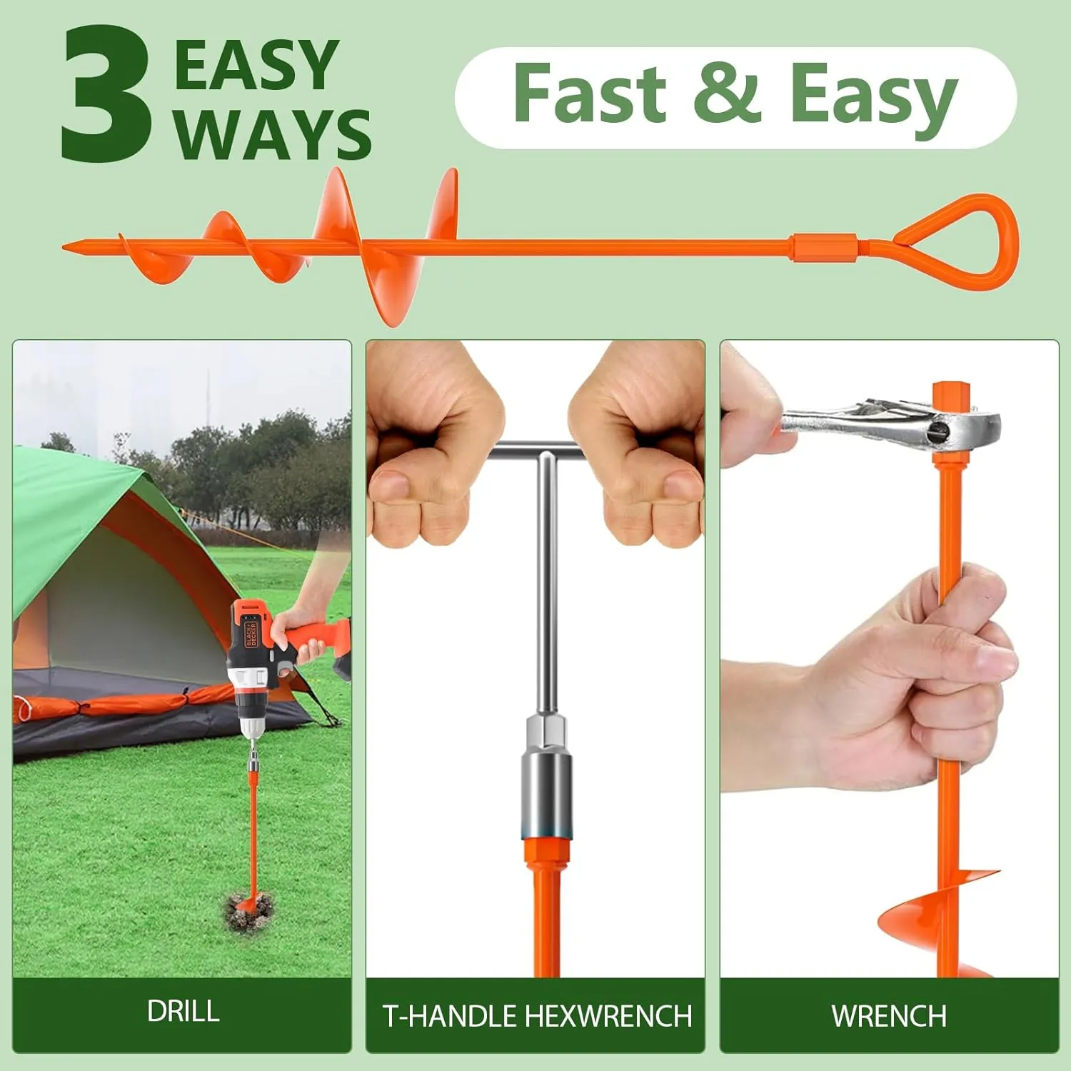 Phopich 18" Long Ground Anchor, Heavy Duty Earth Anchors 18 inch Ground Anchors Screw in Kit with T-Handle Hex Wrench for Camping Tent, Swing Sets, Securing Animals, Sheds, Trampoline(4 Pcs) (Orange)