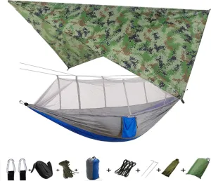 Portable Camping Hammock with Mosquito net and rain Cloth, Hammock Canopy Nylon Hammock Double Hammock Hiking Terrace Furniture Camouflage and Grey