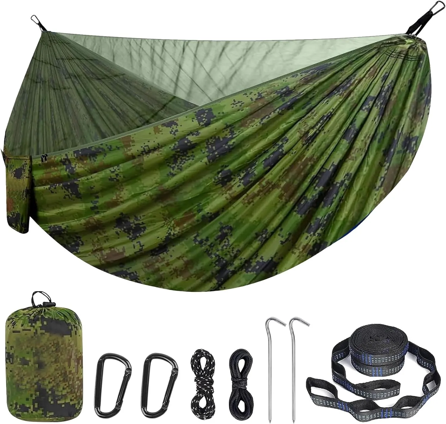Portable Double Camping Hammock with Mos-Quito Net- 2-Person Lightweight Nylon Parachute Hammock for Outdoor Camping, Hiking, and Travel