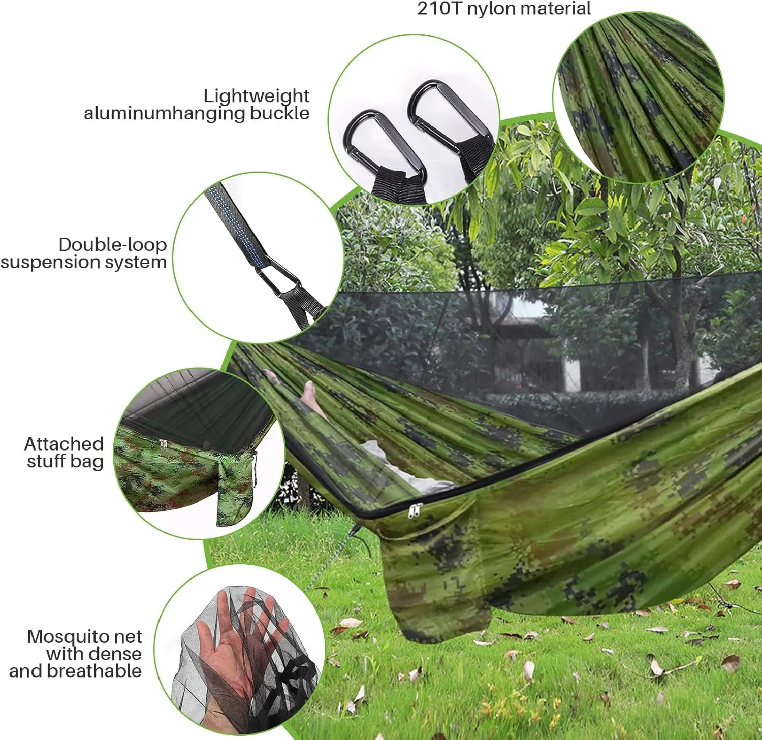 Portable Double Camping Hammock with Mos-Quito Net- 2-Person Lightweight Nylon Parachute Hammock for Outdoor Camping, Hiking, and Travel