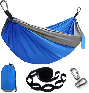 Portable Hammock and Travel Lightweight Backpacking Hammocks Swing with Stainless Steel Clip and Tree Straps for Camping Hiking Backyard Lounging Outdoor Hammock (Blue Gray)
