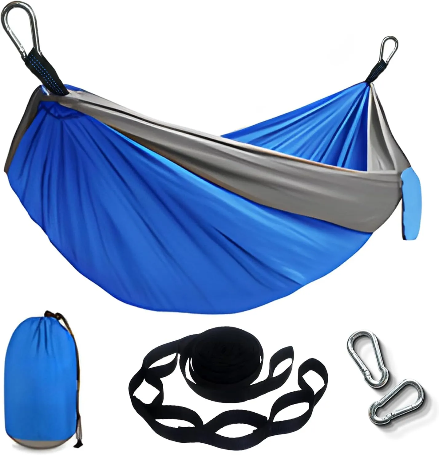 Portable Hammock and Travel Lightweight Backpacking Hammocks Swing with Stainless Steel Clip and Tree Straps for Camping Hiking Backyard Lounging Outdoor Hammock (Blue Gray)