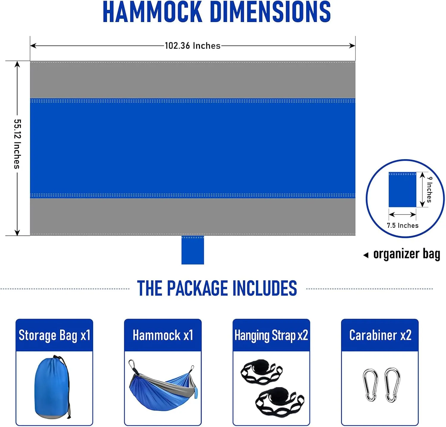 Portable Hammock and Travel Lightweight Backpacking Hammocks Swing with Stainless Steel Clip and Tree Straps for Camping Hiking Backyard Lounging Outdoor Hammock (Blue Gray)