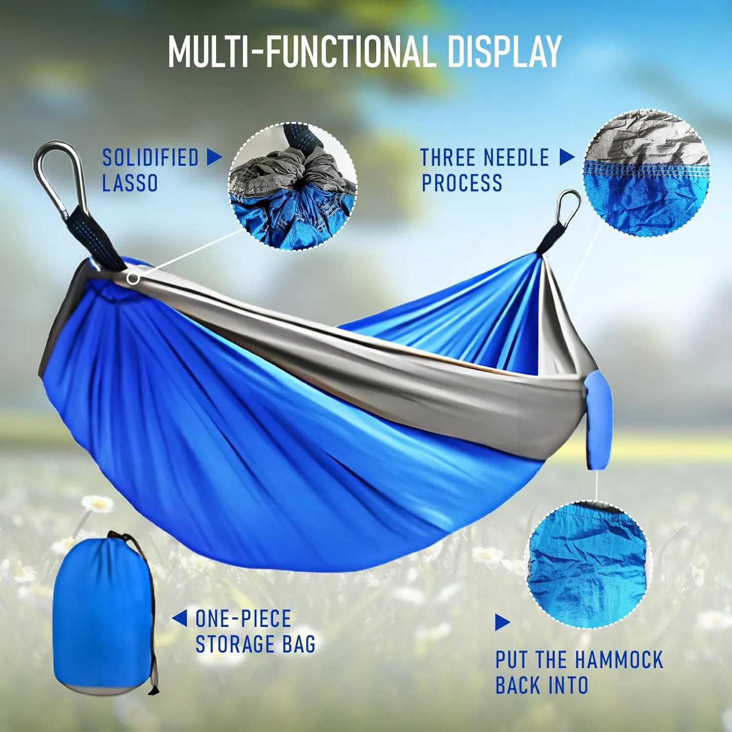Portable Hammock and Travel Lightweight Backpacking Hammocks Swing with Stainless Steel Clip and Tree Straps for Camping Hiking Backyard Lounging Outdoor Hammock (Blue Gray)