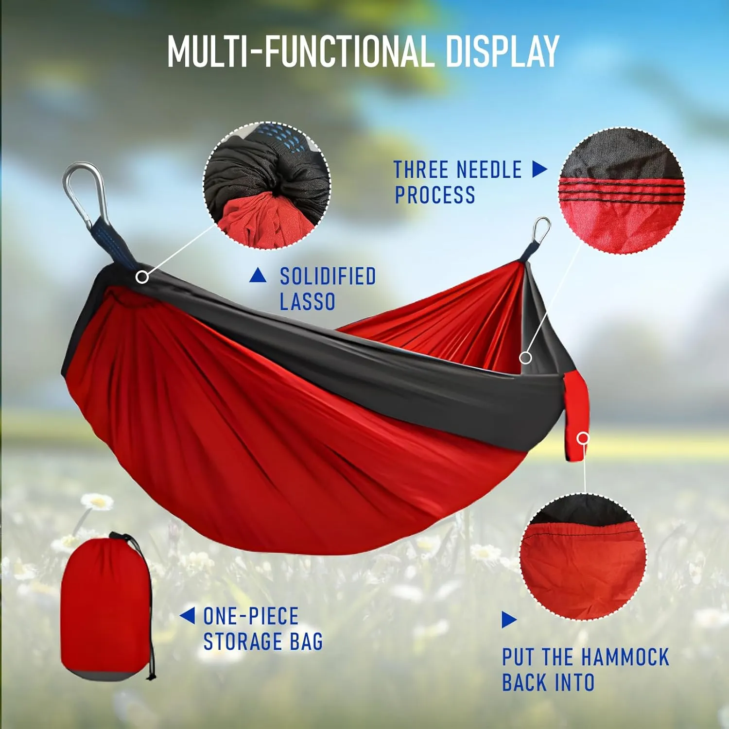 Portable Hammock and Travel Lightweight Backpacking Hammocks Swing with Stainless Steel Clip and Tree Straps for Camping Hiking Backyard Lounging Outdoor Hammock (Red Black)