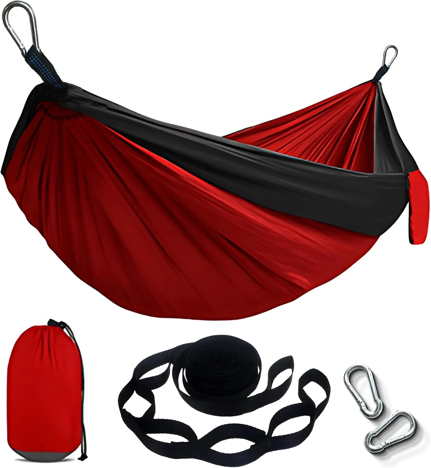 Portable Hammock and Travel Lightweight Backpacking Hammocks Swing with Stainless Steel Clip and Tree Straps for Camping Hiking Backyard Lounging Outdoor Hammock (Red Black)