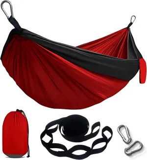 Portable Hammock and Travel Lightweight Backpacking Hammocks Swing with Stainless Steel Clip and Tree Straps for Camping Hiking Backyard Lounging Outdoor Hammock (Red Black)