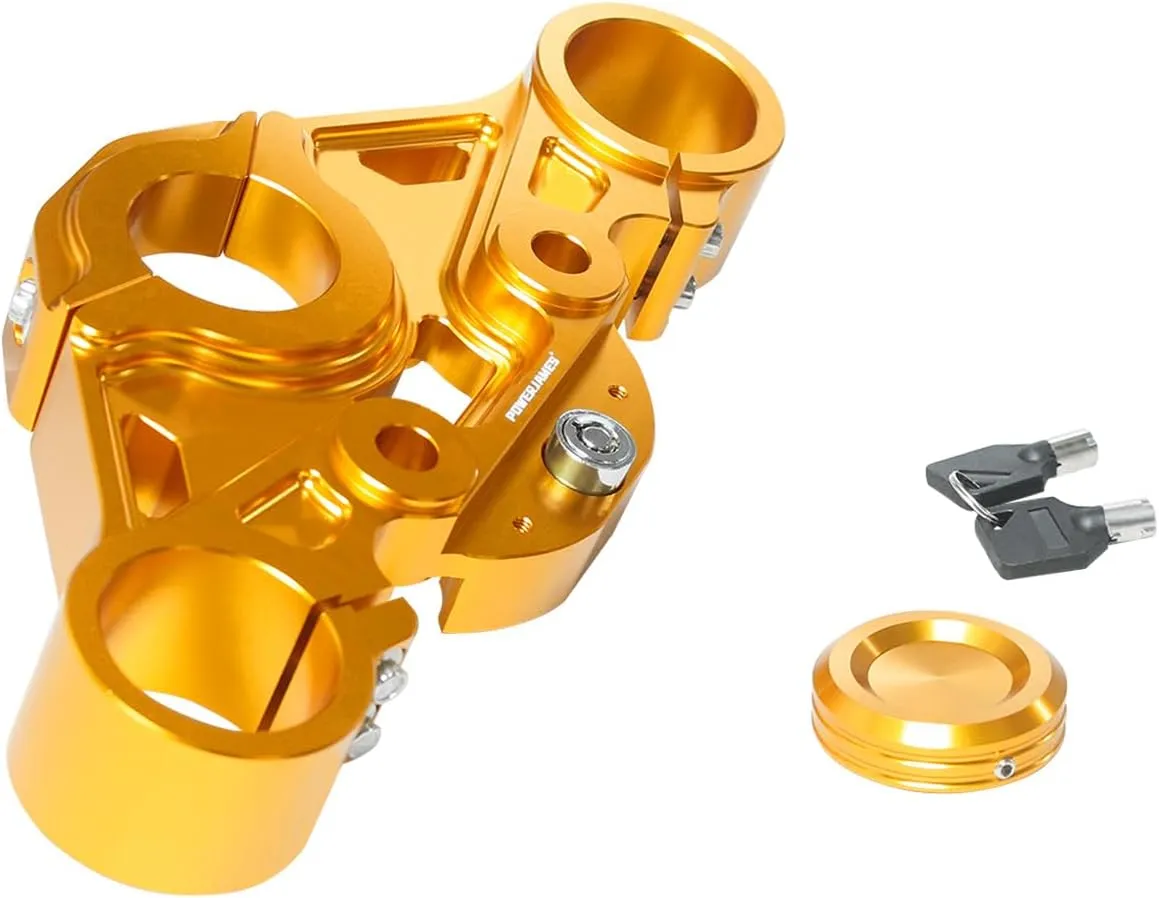 POWER JAMES Gold Top Triple Tree with Handlebar Lock Compatible with 2015-2023 Road Glide FLTR FLTRX FLTRST, Black (Gold)
