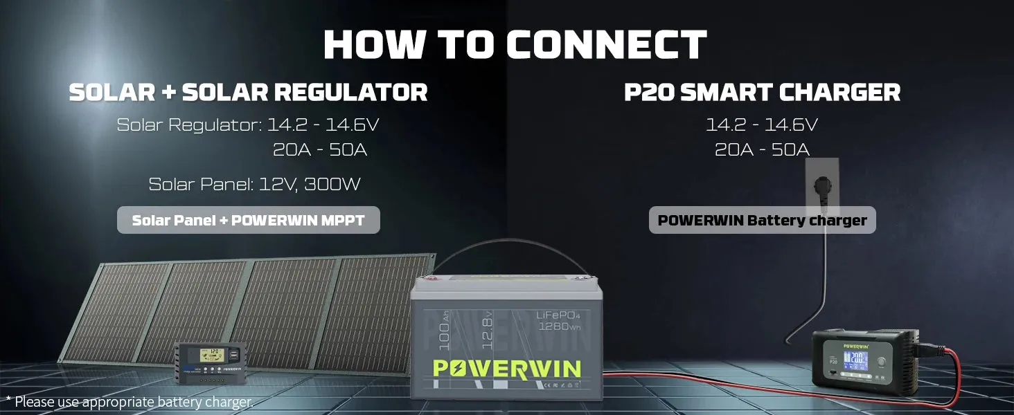 POWERWIN BT100 LiFePO4 Battery 12.8V 100Ah 1280Wh Built-in BMS Fish Radar Detector Solar Power 4000 Deep Cycle Off-grid Inverter - Free USA Shipment