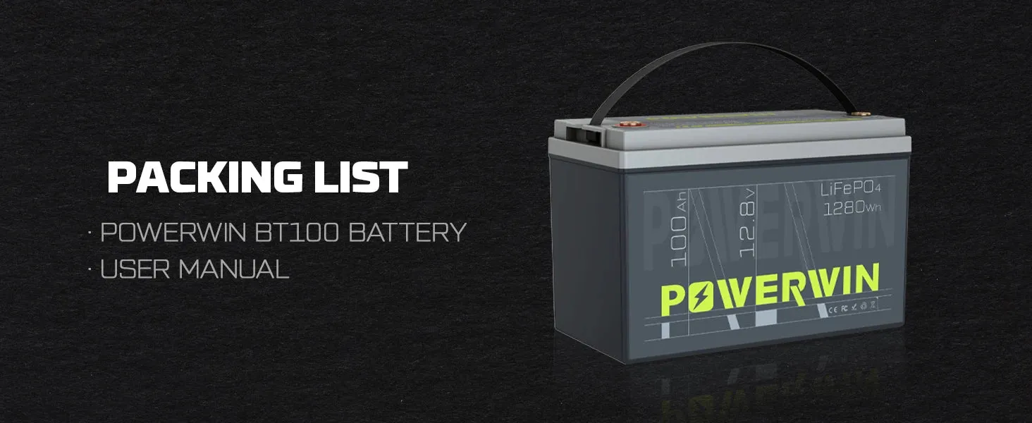 POWERWIN BT100 LiFePO4 Battery 12.8V 100Ah 1280Wh Built-in BMS Fish Radar Detector Solar Power 4000 Deep Cycle Off-grid Inverter - Free USA Shipment