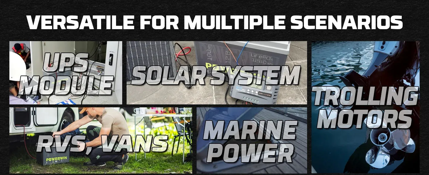 POWERWIN BT100 LiFePO4 Battery 12.8V 100Ah 1280Wh Built-in BMS Fish Radar Detector Solar Power 4000 Deep Cycle Off-grid Inverter - Free USA Shipment