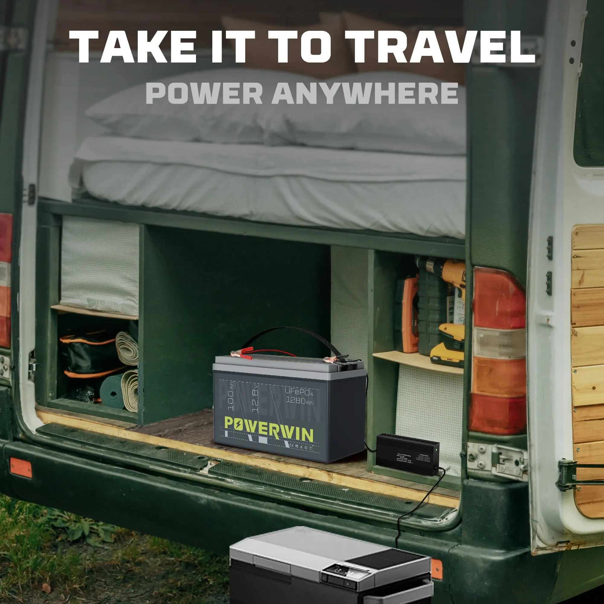POWERWIN BT100 LiFePO4 Battery 12.8V 100Ah 1280Wh Built-in BMS Fish Radar Detector Solar Power 4000 Deep Cycle Off-grid Inverter - Free USA Shipment