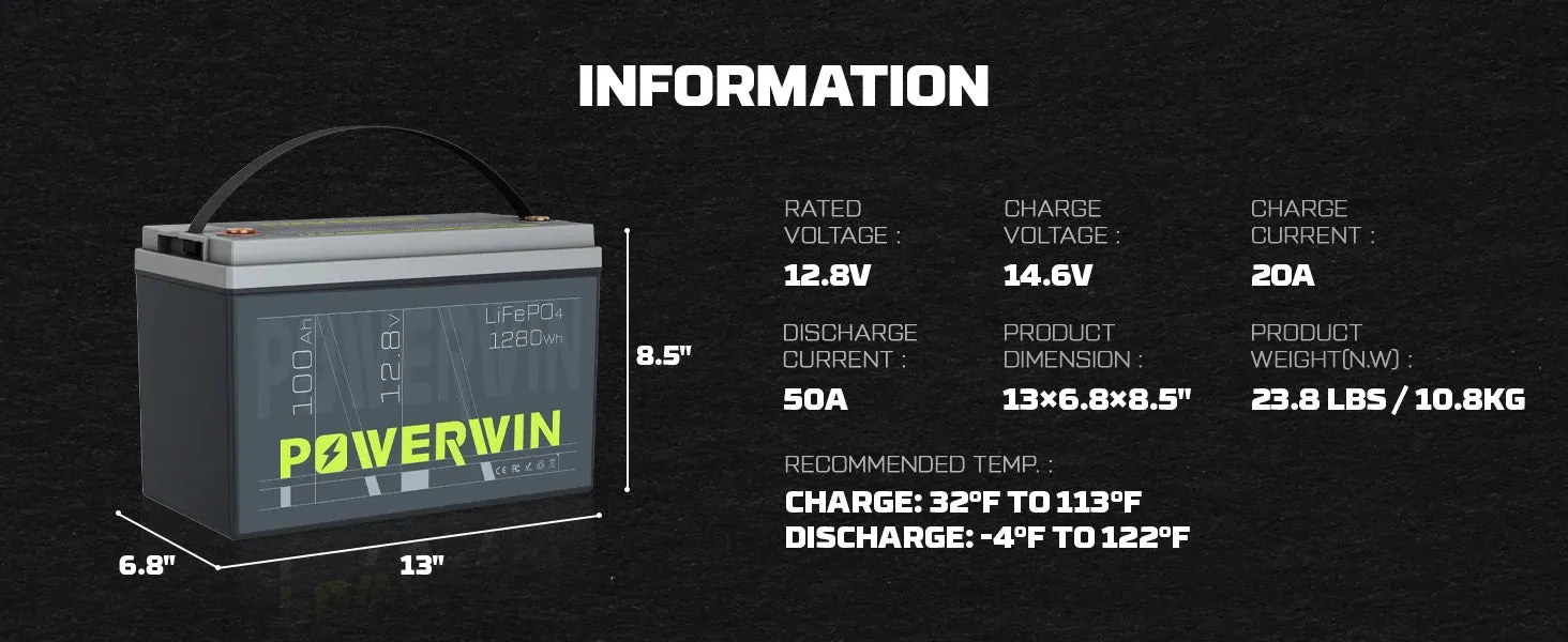 POWERWIN BT100 LiFePO4 Battery 12.8V 100Ah 1280Wh Built-in BMS Fish Radar Detector Solar Power 4000 Deep Cycle Off-grid Inverter - Free USA Shipment