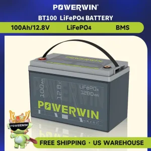 POWERWIN BT100 LiFePO4 Battery 12.8V 100Ah 1280Wh Built-in BMS Fish Radar Detector Solar Power 4000 Deep Cycle Off-grid Inverter - Free USA Shipment