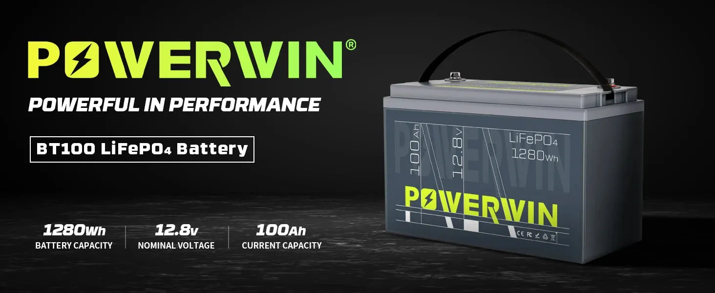POWERWIN BT100 LiFePO4 Battery 12.8V 100Ah 1280Wh Built-in BMS Fish Radar Detector Solar Power 4000 Deep Cycle Off-grid Inverter - Free USA Shipment